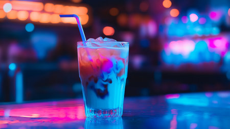 Blueberry smoothie in glass on bar counter with bokeh backgroundの写真素材