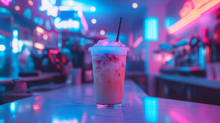 Strawberry milkshake on the table in the cafe.の写真素材