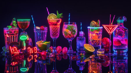 Colorful cocktail set on black background. Cocktails, liqueurs, mojito, tequila sunrise and others.の写真素材