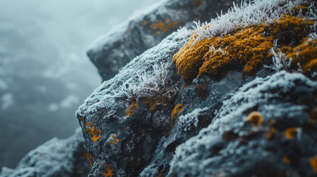 Close up of moss and lichen growing on a rock in winter
