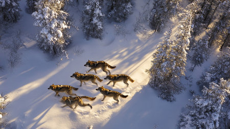Aerial view of wolves running in the snow in winter forest
