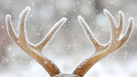 Deer antlers covered with hoarfrost in winter forest.