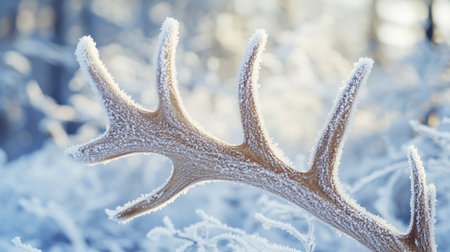 Deer antlers covered with hoarfrost. Winter background.