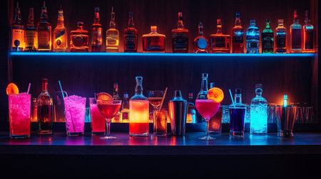Colorful cocktails on bar counter in night club. Nightlife conceptの写真素材