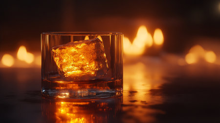 Glass of whiskey with ice cubes on a dark background with a fireの写真素材