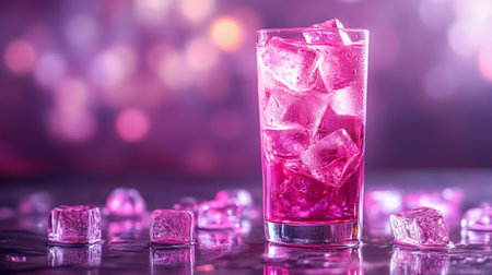 pink cocktail with ice cubes on a dark background with bokehの写真素材