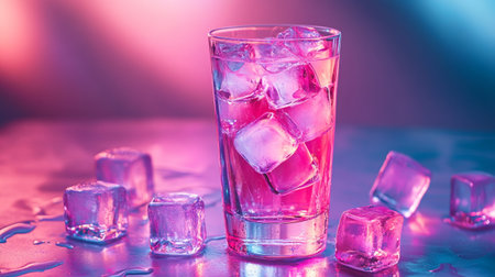 Glass of ice cubes on a purple background. Selective focus.の写真素材