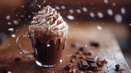 Hot chocolate with whipped cream and chocolate chips. Selective focus.の写真素材
