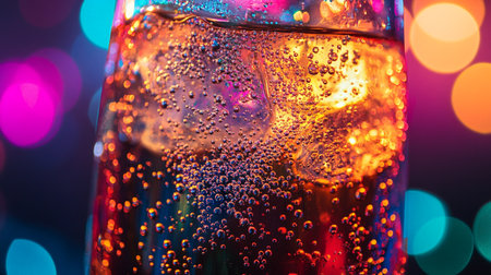 Close up of glass of champagne with ice cubes on bokeh backgroundの写真素材