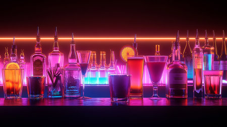 Colorful alcoholic cocktails on bar counter in night club with neon lightsの写真素材