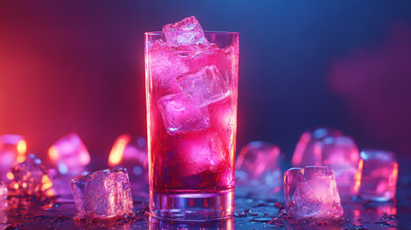 Cocktail with ice cubes on a black background. Copy space.の写真素材