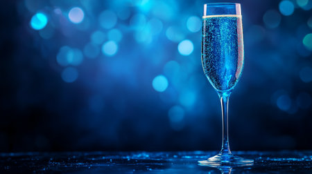 Champagne glass on blue bokeh background. New Year's Eveの写真素材