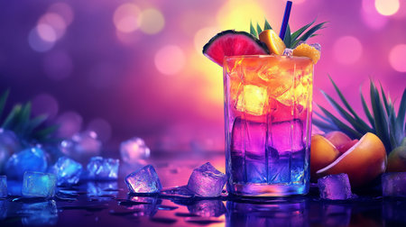 Cocktail with orange and ice cubes on a black background.の写真素材