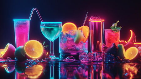 Cocktails with ice and fruits on dark background. Copy space.