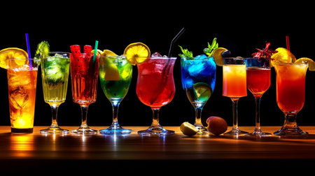 Colorful cocktails in a row on a black background. Alcoholic drinks