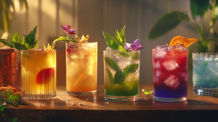 Colorful cocktails with ice on a wooden table in a bar.の写真素材