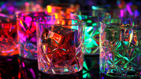 Colorful crystal glasses with ice cubes on a dark background. Selective focus.の写真素材