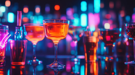 Cocktails in martini glasses on bar counter with colorful bokeh background.の写真素材