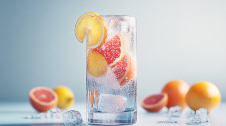 Refreshing summer drink with grapefruit, orange and ice cubesの写真素材