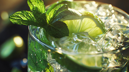 Mojito cocktail with lime and mint on dark background, closeup