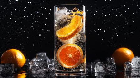 Cocktail with orange and ice on a black background with splashesの写真素材