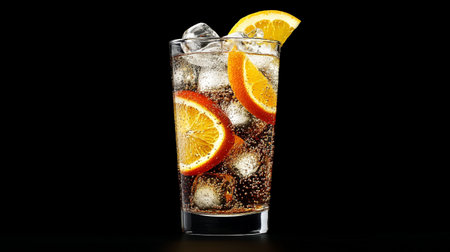 Cocktail with orange and ice cubes on black background, closeupの写真素材