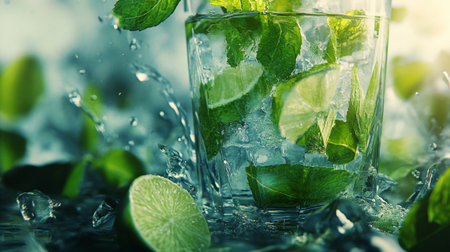 Mojito cocktail with lime, mint and ice on dark backgroundの写真素材