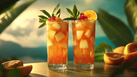 Glasses of tasty cocktails with ice cubes on table, closeupの写真素材