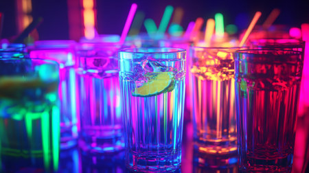 Glasses of beverages with lime and straws on colorful backgroundの写真素材
