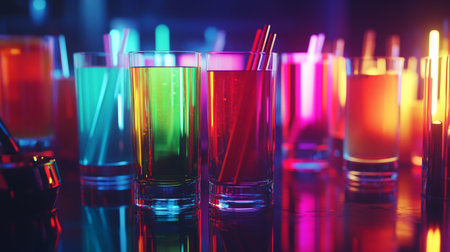 Colorful cocktail glasses on bar counter in nightclub with neon light.