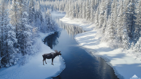 Mountain landscape with a river and a moose in the forestの写真素材