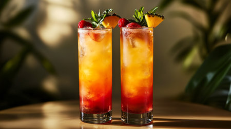 Cocktails with raspberries and orange on a wooden table