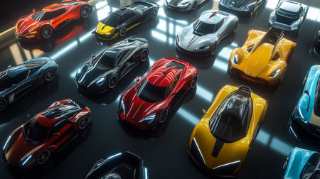3d rendering of a group of sports cars in a parking lotの写真素材
