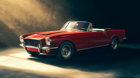 Classic american red cabriolet on a dark background with fogの写真素材