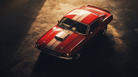 Retro red car on a dark background. 3D Renderingの写真素材