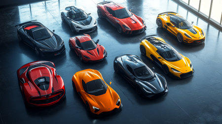 3d rendering of a lot of sports cars in the exhibition hallの写真素材