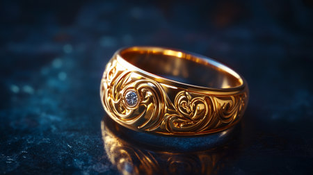 Beautiful gold wedding ring on a dark background. Close-up.の写真素材