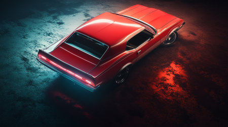 Red retro car on a grunge background. 3d rendering.
