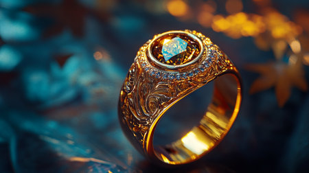 Wedding rings on a dark background. Wedding ring with a blue stoneの写真素材