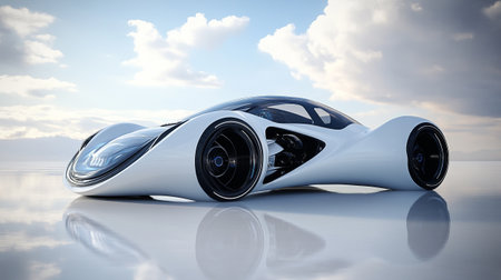3d rendering of a white futuristic car with clouds in the backgroundの写真素材