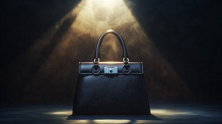 Black leather handbag on dark background with beam of light. 3D renderingの写真素材