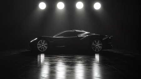 Black sport car in dark room with spotlights. 3d renderingの写真素材
