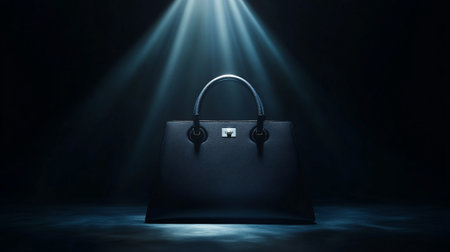 Black leather handbag on a dark background with spotlights. 3d renderingの写真素材
