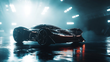 Futuristic black sports car on dark background. 3d renderingの写真素材