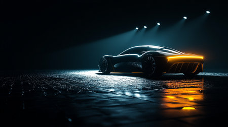 3D rendering of a brand-less generic concept car in the dark
