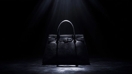 Ladies handbag in dark room with spotlight. Elegant black leather clutch on concrete floor.の写真素材