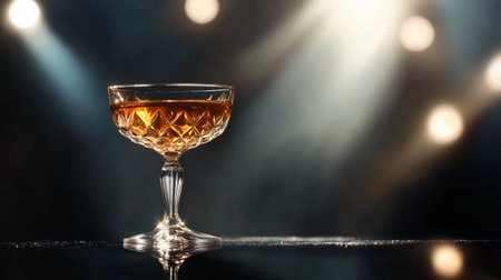 Alcoholic drink in a glass on a dark background with spotlightsの写真素材