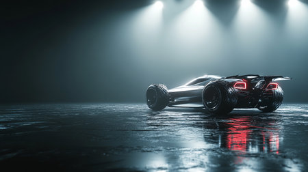 3D render of a sports car in a dark room with spotlightsの写真素材