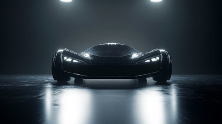 3d rendering of a black sports car in a dark room with lightsの写真素材