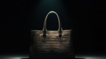 Fashionable luxury snakeskin python handbag on black background. Close-up.